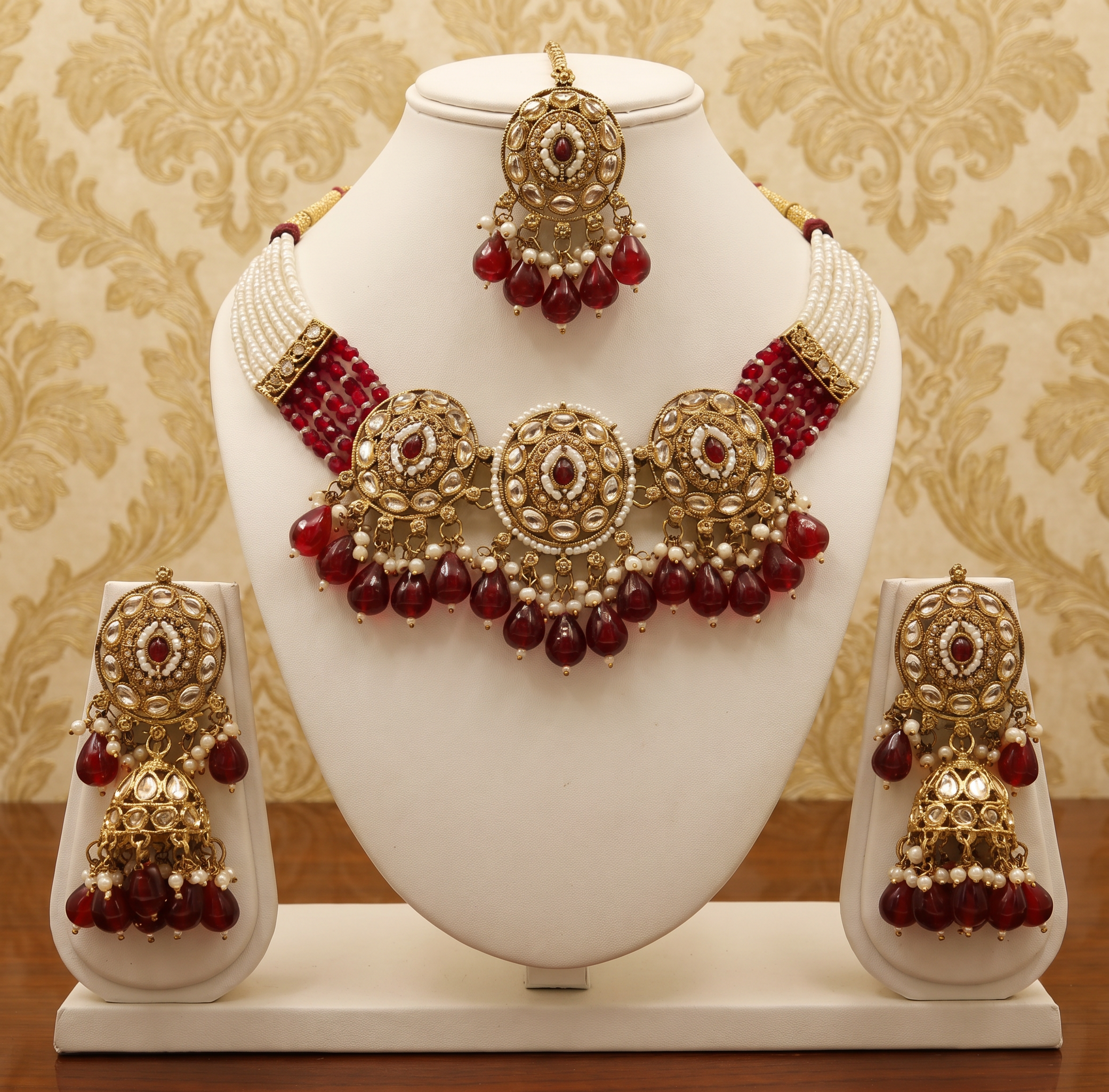Kundan/Polki Style Choker Necklace Set with Maang Tikka and Jhumka Earrings