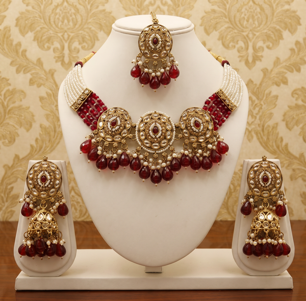 Kundan/Polki Style Choker Necklace Set with Maang Tikka and Jhumka Earrings