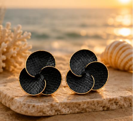 Black and Gold Geometric Floral Stud Earrings