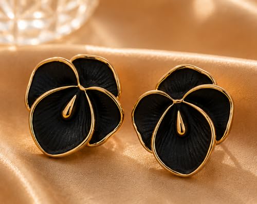 Black and Gold Enamel Floral Stud Earring