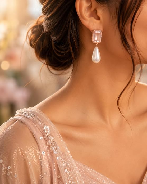 Rose Gold Crystal Rectangle Stone and Teardrop Pearl Drop Earrings