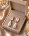 Rose Gold Crystal Rectangle Stone and Teardrop Pearl Drop Earrings