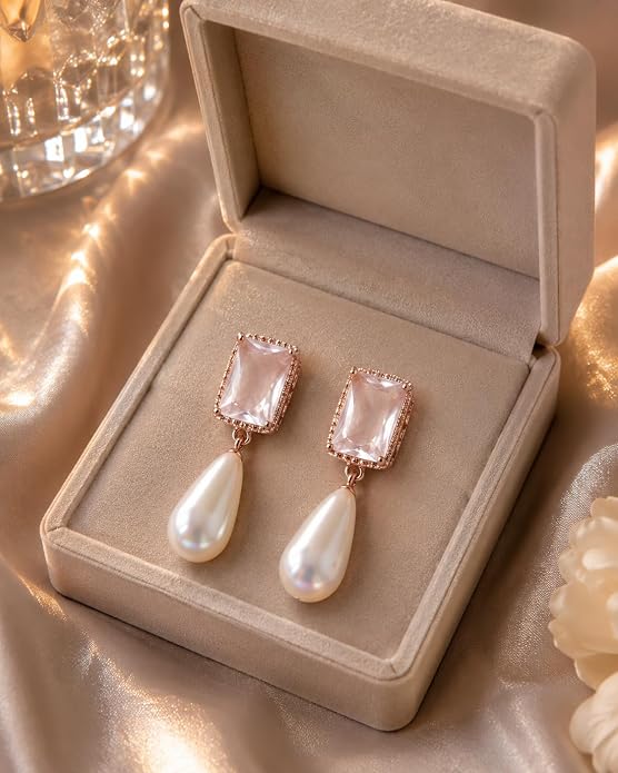Rose Gold Crystal Rectangle Stone and Teardrop Pearl Drop Earrings