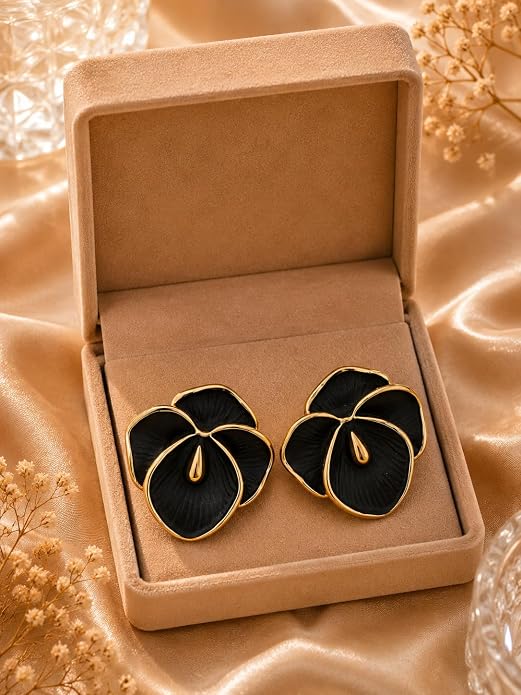 Black and Gold Enamel Floral Stud Earring