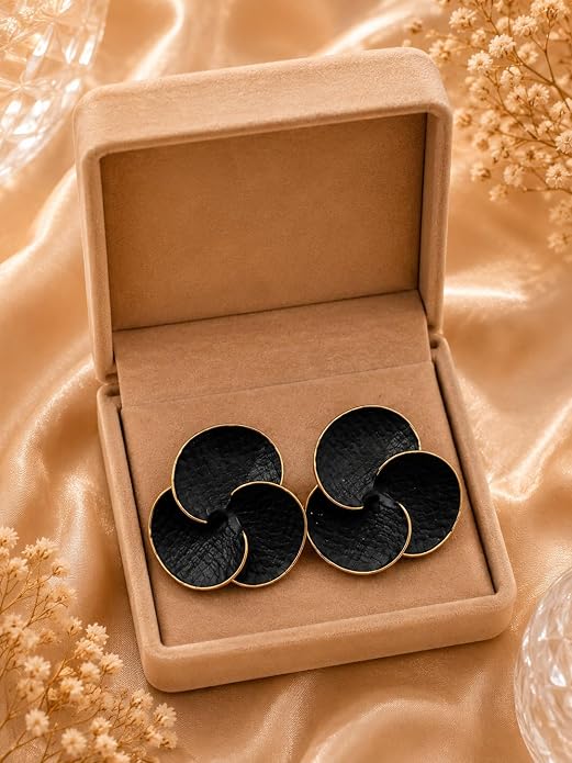 Black and Gold Geometric Floral Stud Earrings