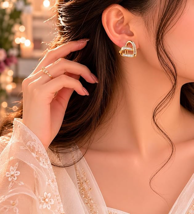 Gold-Tone Open Heart Stud Earrings with Baguette Crystals